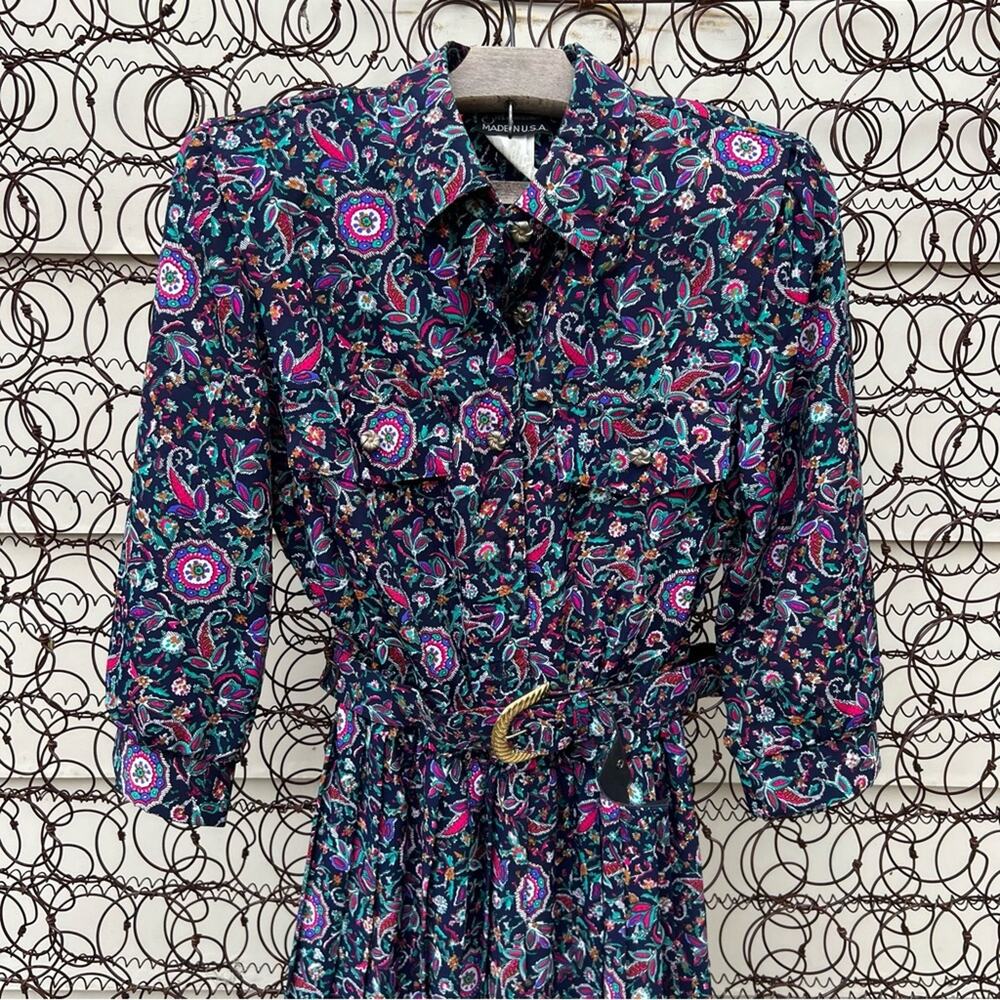 Vintage 80s Breli Floral Paisley Accordion Pleat Dress with Matching Belt - Picture 2 of 10